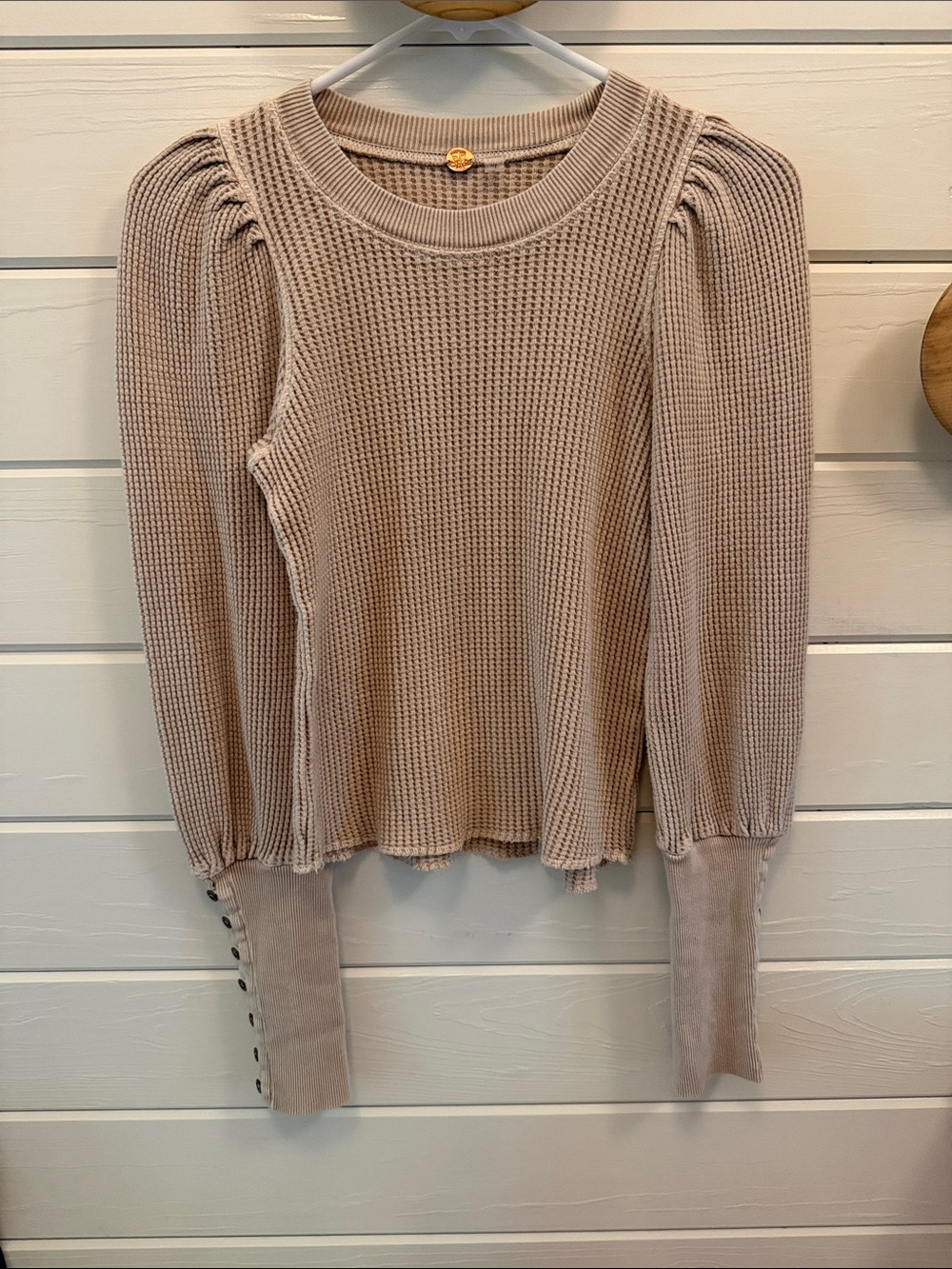 Free People FP One Wesley Waffle Knit Puff-Sleeve Shirt in Taupe